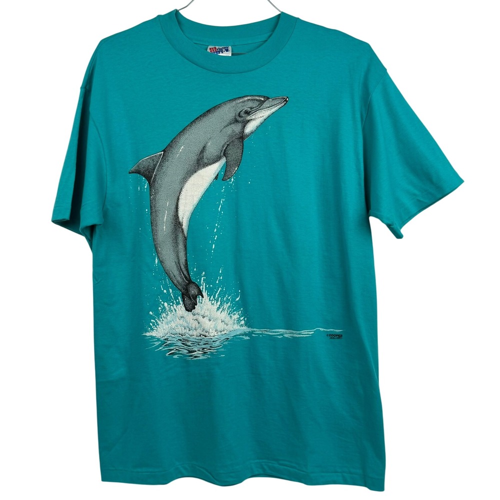 VTG 90s Painted Graphic T-Shirt‎ S.S. Dolphins B.H. Hanes Beefy-T Teal Blue